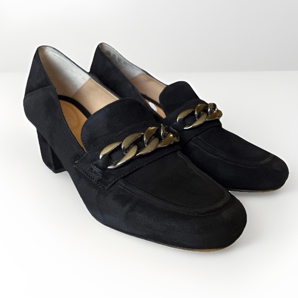 Franco Sarto Shoes - Franco Sarto Chunky Chain Suede Leather Loafers Sz 8.5 Black Block Heel Academia